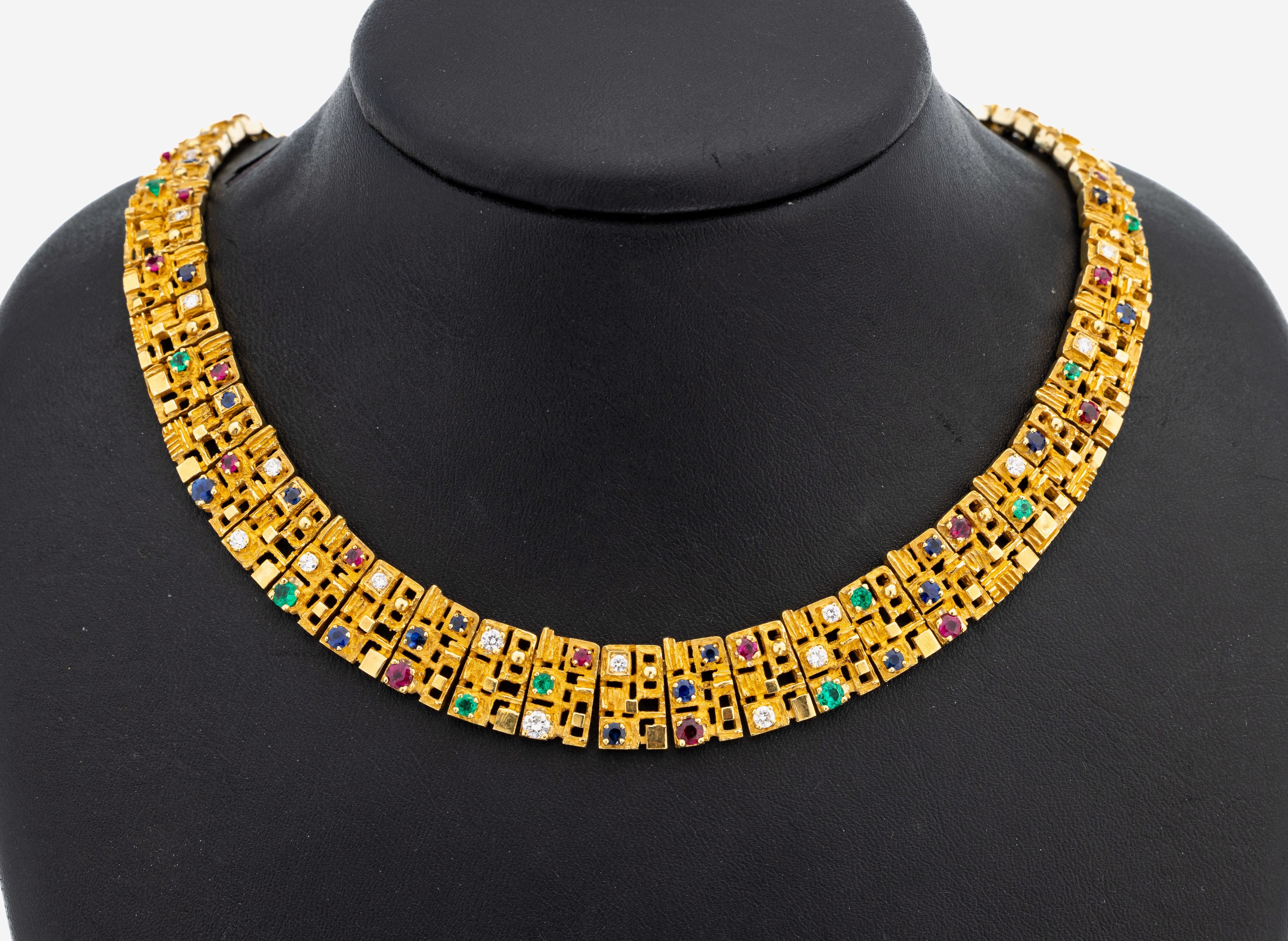 Image 27111564 - 18 kt Gold Farbstein-Brillant-Collier, GG 750/000, abstrakt geometrisches Design, 43 ...