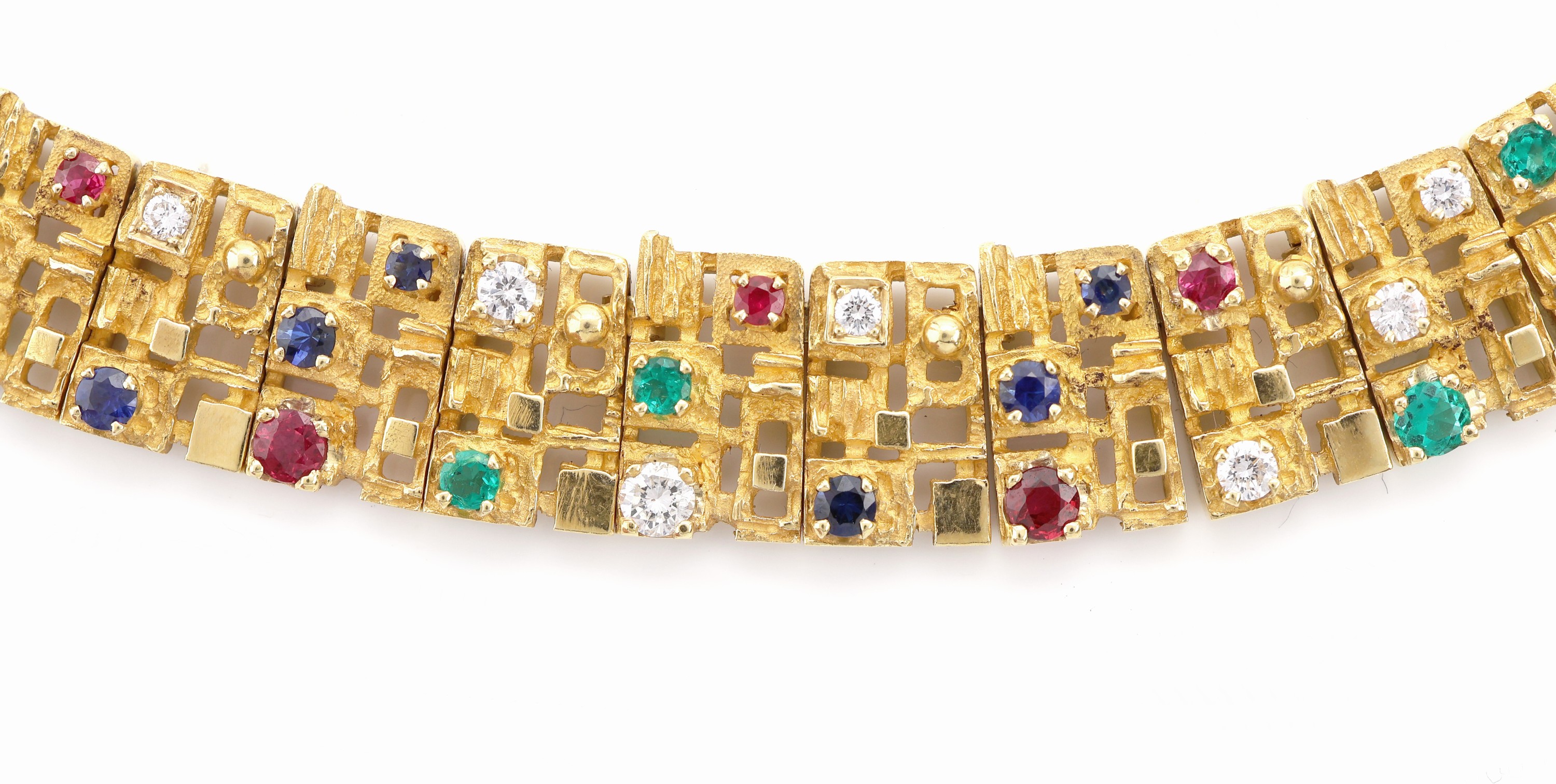 Detail a: 18 kt Gold Farbstein-Brillant-Collier, GG 750/000, abstrakt geometrisches Design, 43 rundfacett. Saphire, Rubine und Smaragde zus. ca. 1.20 ct, 18 ...
