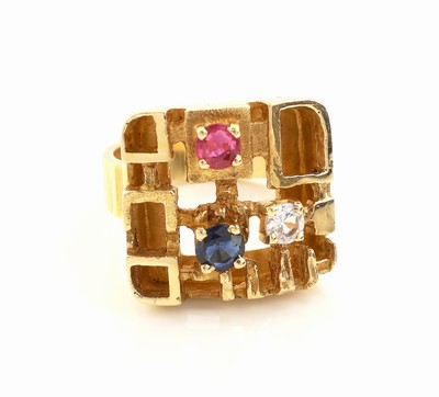 27111520a - 18 kt Gold Farbstein-Ring, GG 750/000, abstrakt geometrisches Design, rundfacett. ...