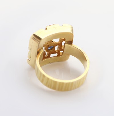 27111520b - 18 kt Gold Farbstein-Ring, GG 750/000, abstrakt geometrisches Design, rundfacett. ...