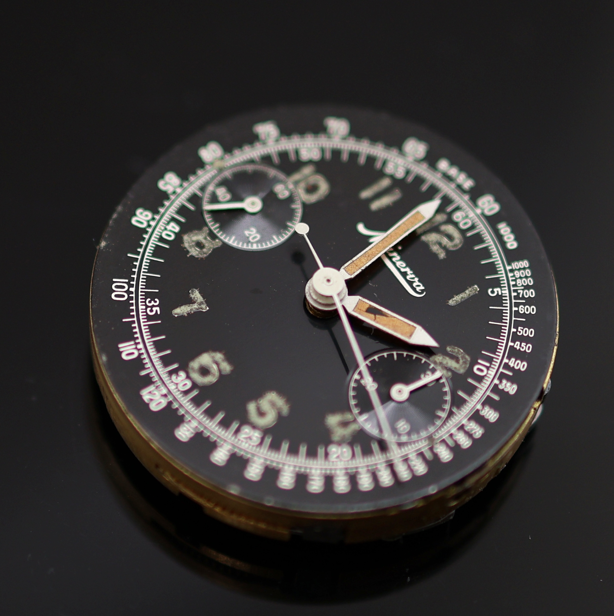 Detail f: MINERVA seltener Kaliber 13-20 Schaltradchronograph in Stahl mit schwarzem original Glanz-Zifferblatt Referenz 1335, Handaufzug, Schweiz 1940er ...