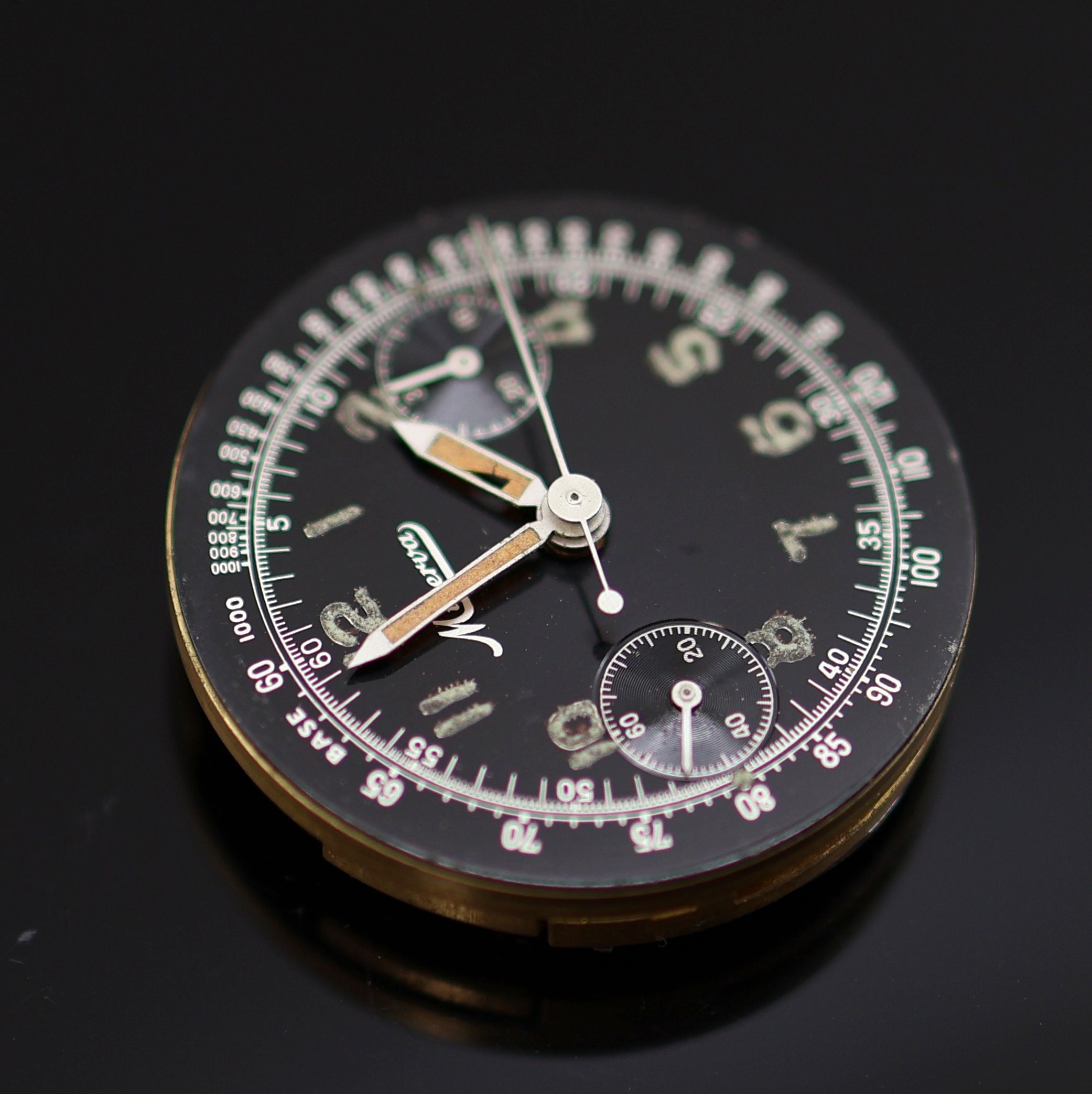 Detail h: MINERVA seltener Kaliber 13-20 Schaltradchronograph in Stahl mit schwarzem original Glanz-Zifferblatt Referenz 1335, Handaufzug, Schweiz 1940er ...