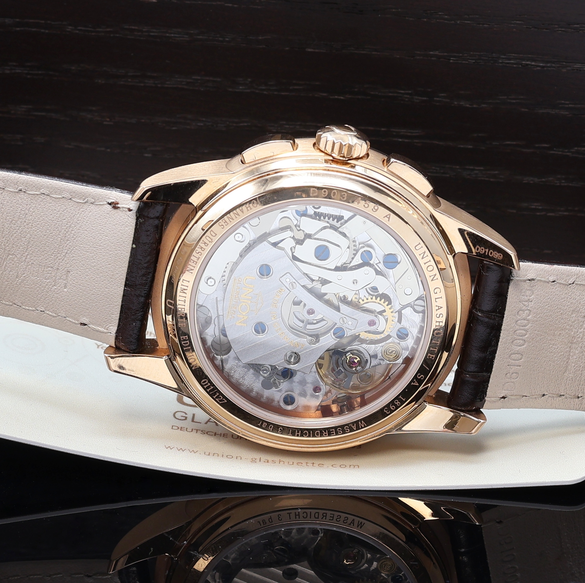 Detail e: UNION GLASHÜTTE 1893 Johannes Dürrstein Edition auf 127 Stück limitierter Armbandchronograph in RG 750/000 Referenz D903.459A, Deutschland um ...