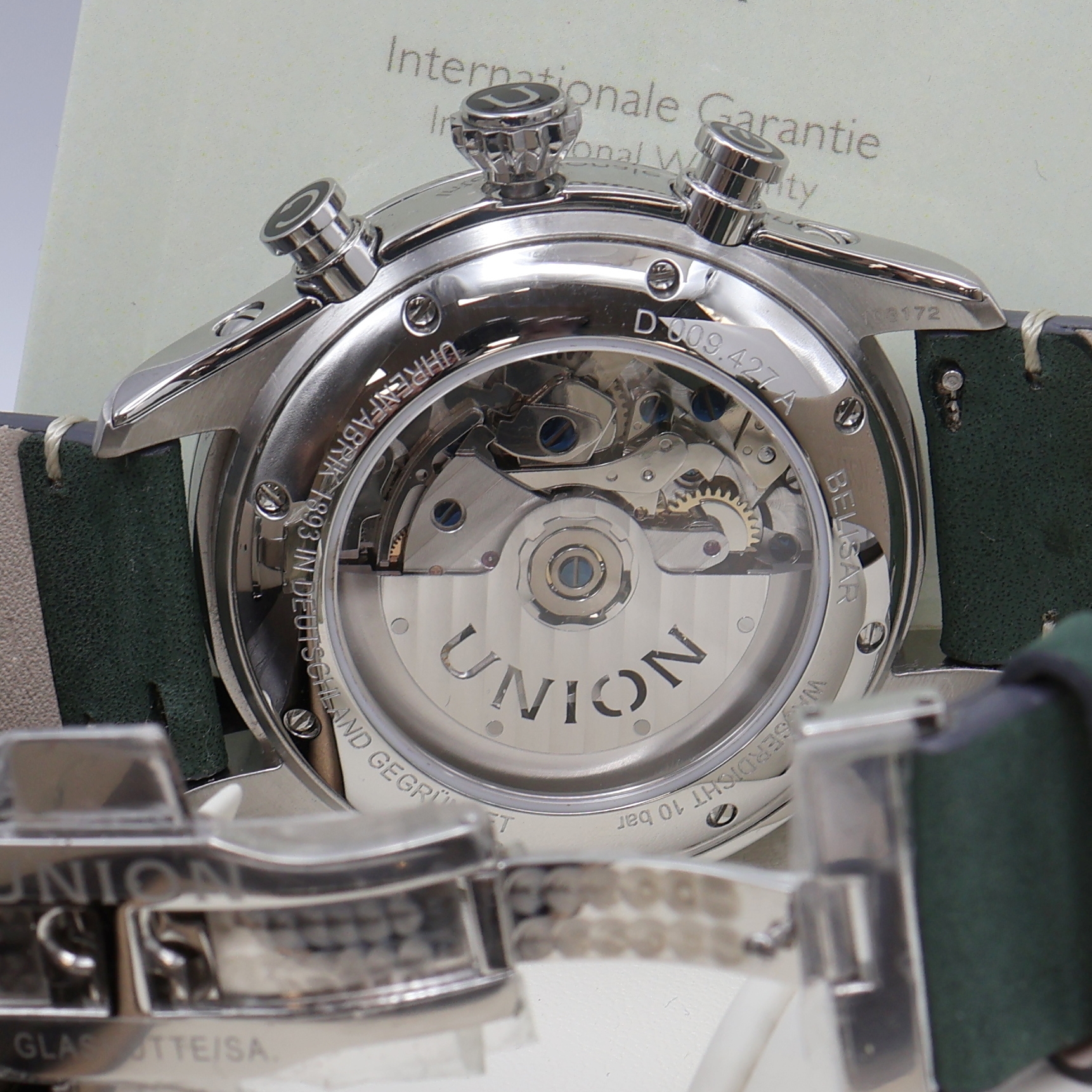 Detail e: UNION GLASHÜTTE Belisar Chronograph Referenz D009.427A, Deutschland um 2022, Automatik, beids. vergl. Geh. in Edelstahl inkl. orig. Lederband m. ...