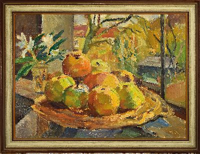 27111987k - Marie Strieffler, 1917-1987 Landau, Atelier-Stillleben mit Äpfeln, hintergründiger ...