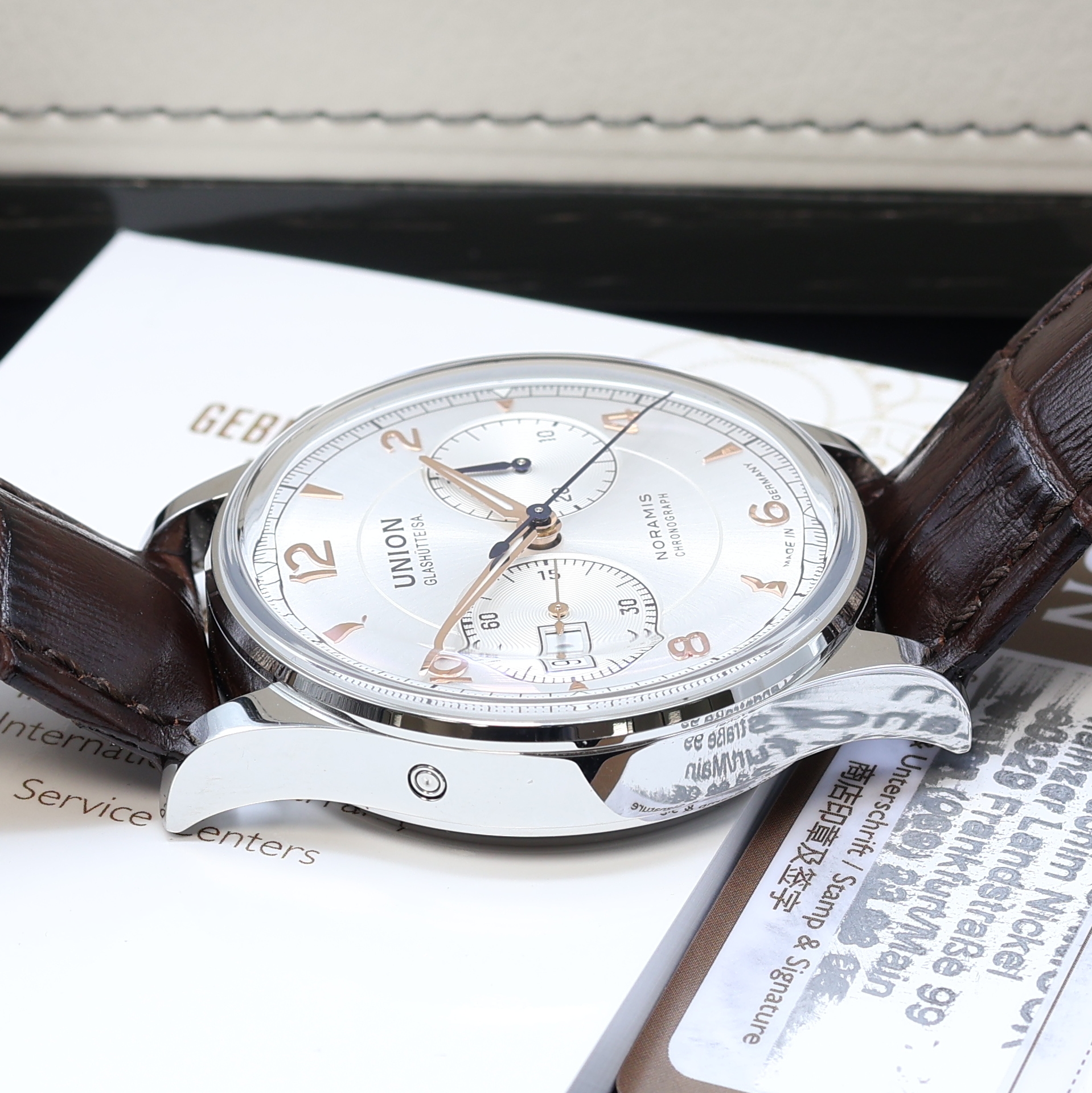 Detail d: UNION GLASHÜTTE Noramis Armbandchronograph Referenz D012.427.16.037.01, Automatik, beids. vergl. Edelstahlgeh. inkl. orig. Lederband m. dopp. ...