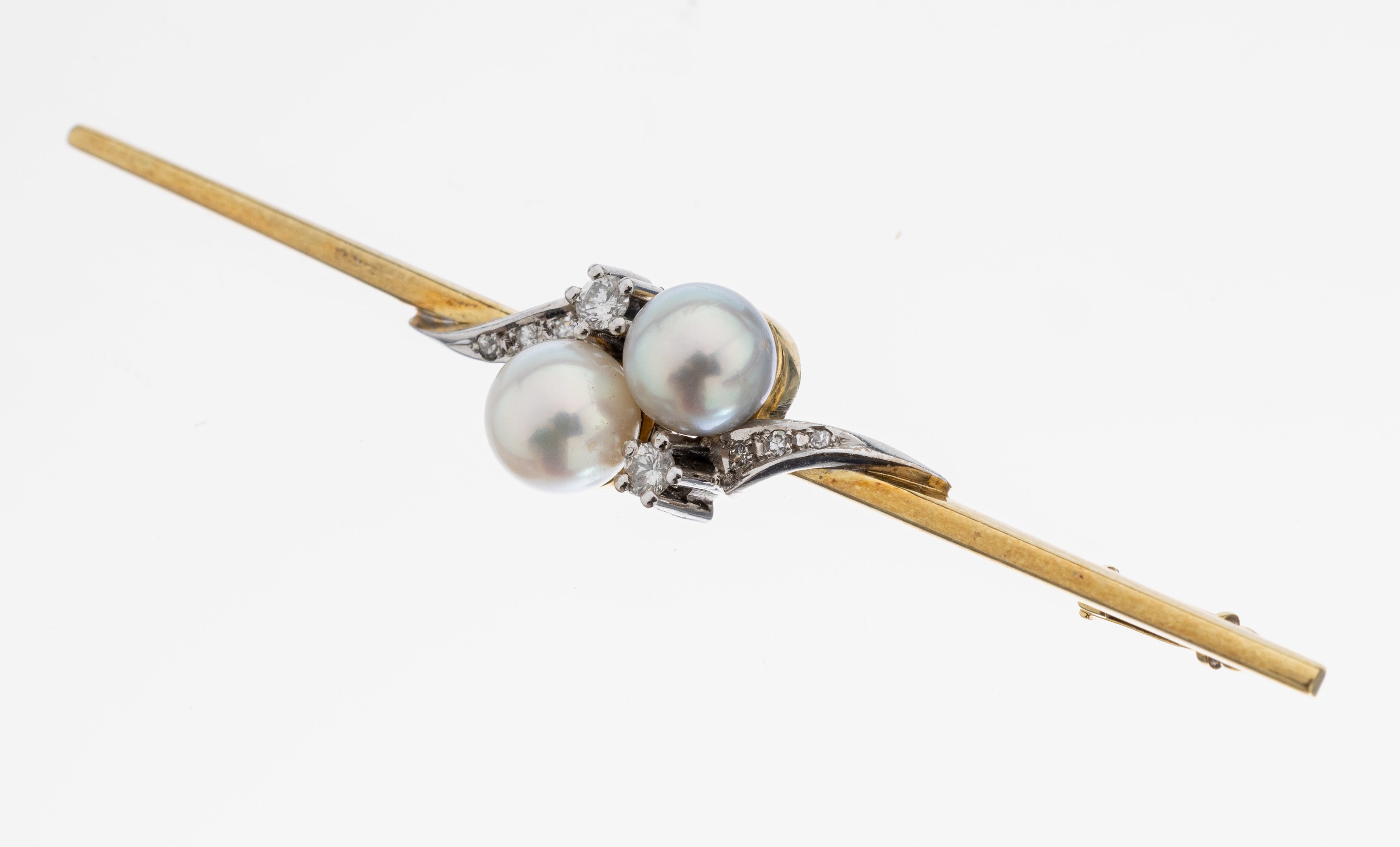 Image 27112113 - 14 kt Gold Diamant-Perl-Brosche, GG/WG 585/000, 2 Brillanten und 6 8/8-Diamanten ...