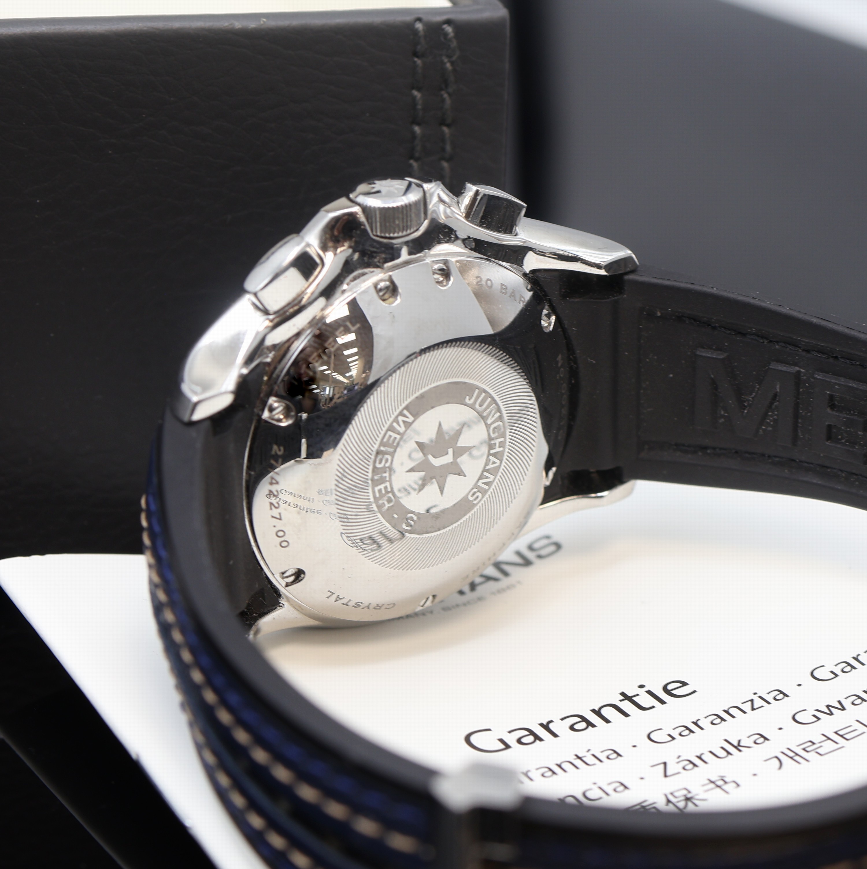 Detail d: JUNGHANS Meister Chronoscope Armbandchronograph Referenz 27/4227.00, Automatik, Edelstahlgeh. inkl. orig. Kautschukband m. orig. Faltschl., Boden ...