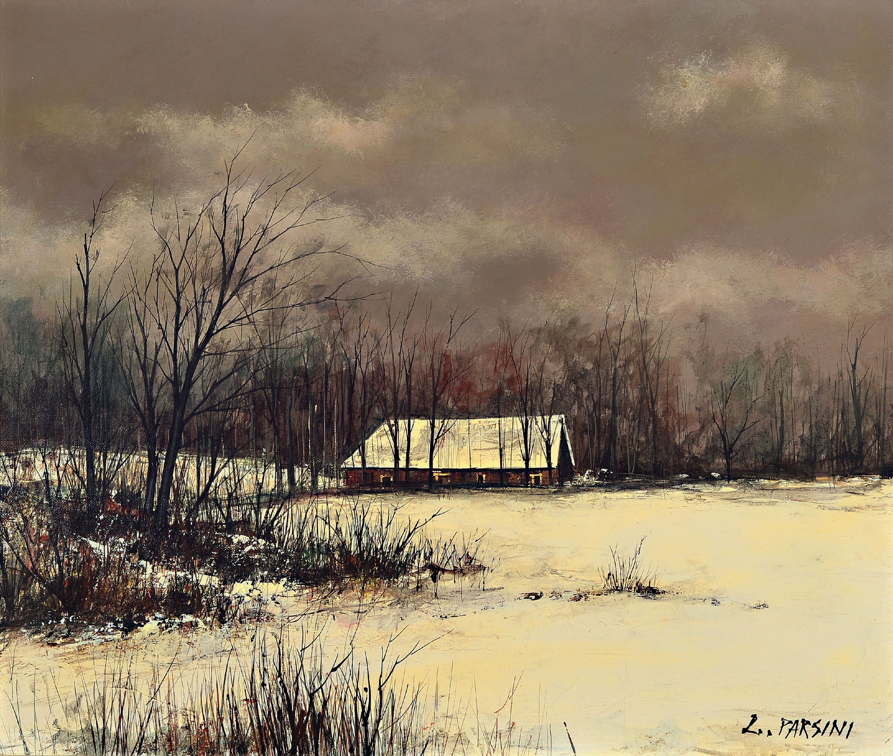 Image 27112212 - Luciana Parsini, geb. 1939, italienische Künstlerin, Winterlandschaft mit Hof, im ...