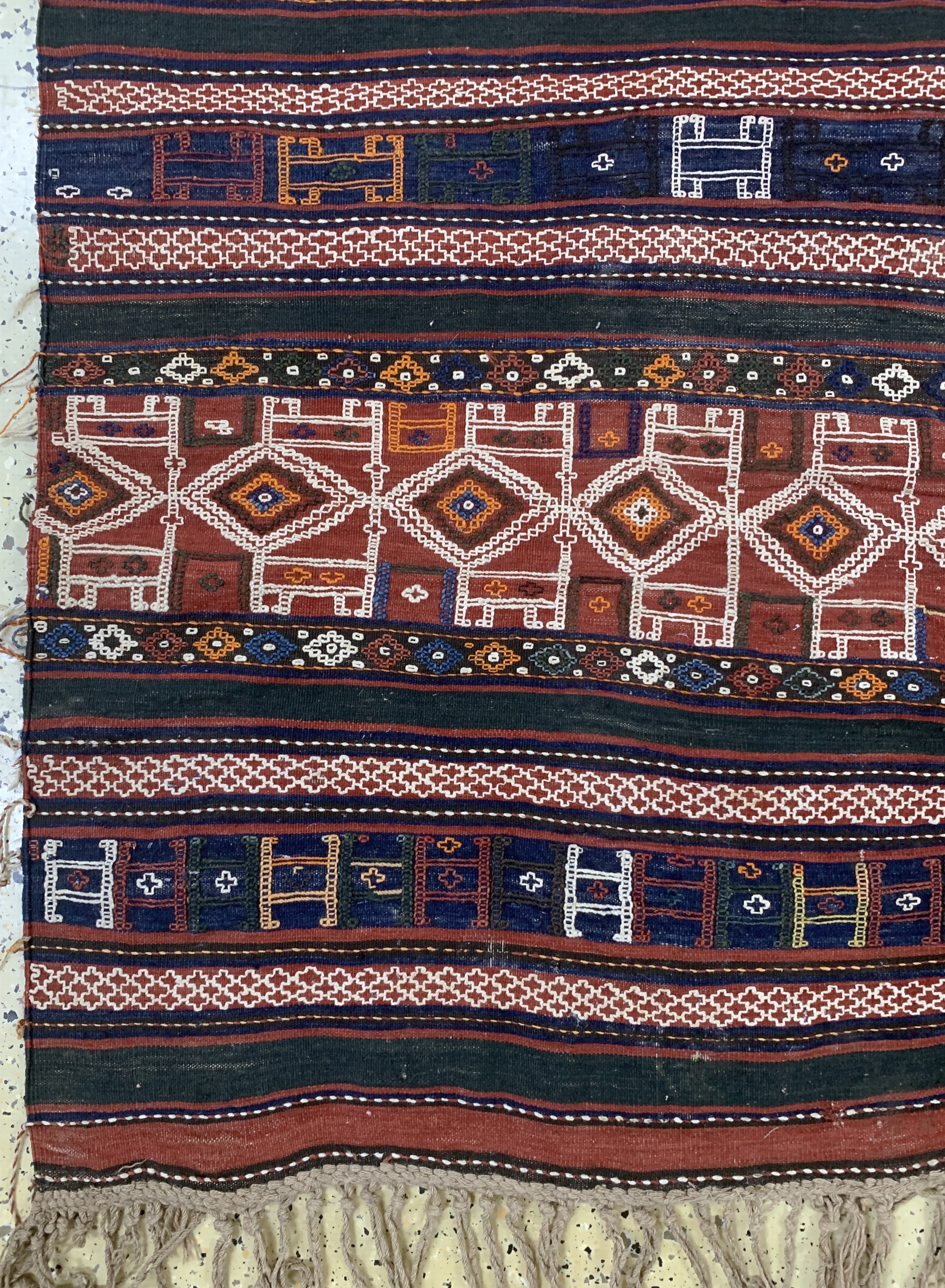 Detail b: Sumakh-Kelim antik, Türkei, um 1900, Wolle auf Wolle, ca. 225 x 177 cm, EHZ: 2, (kleine Löcher)