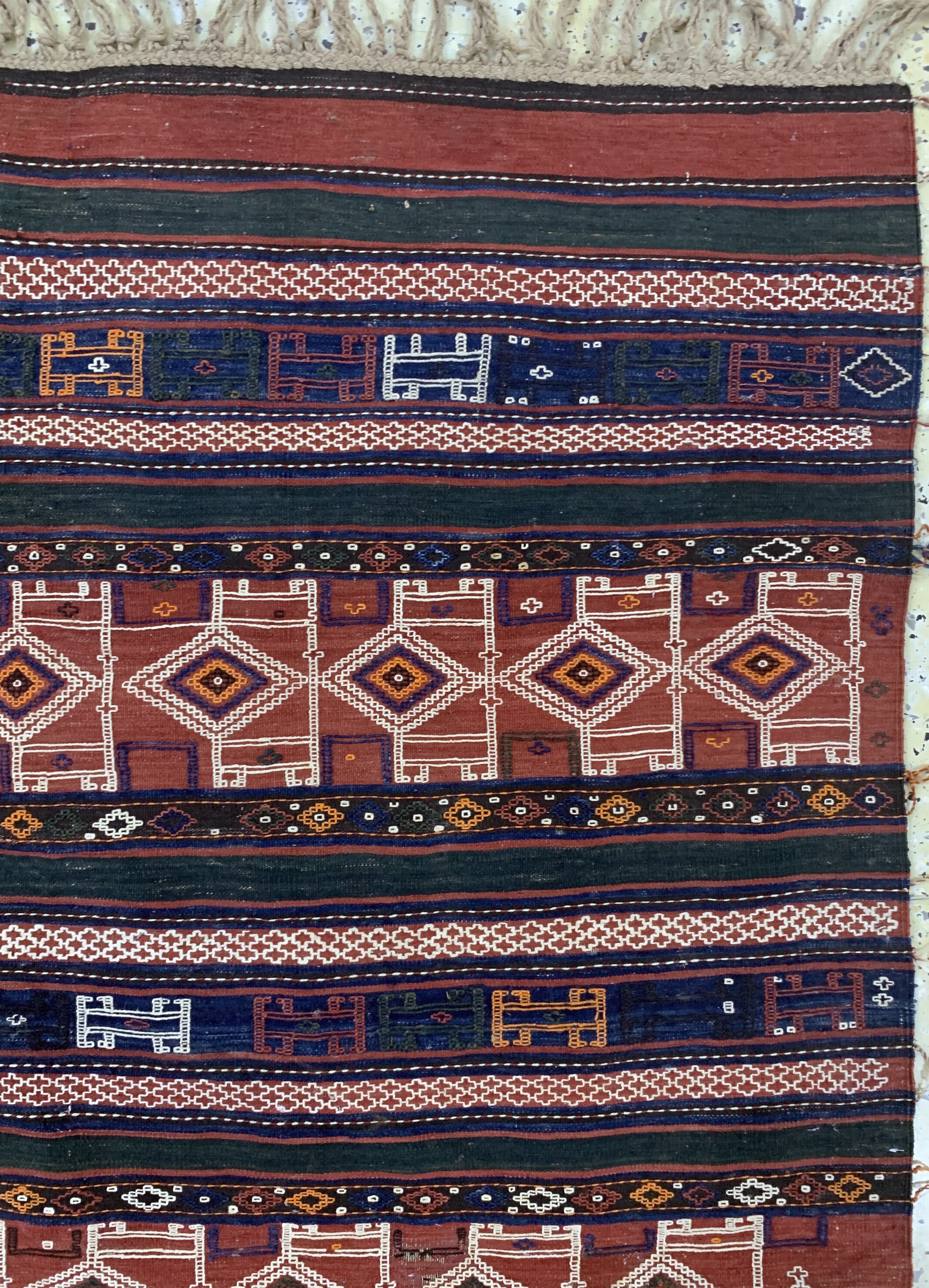 Detail d: Sumakh-Kelim antik, Türkei, um 1900, Wolle auf Wolle, ca. 225 x 177 cm, EHZ: 2, (kleine Löcher)