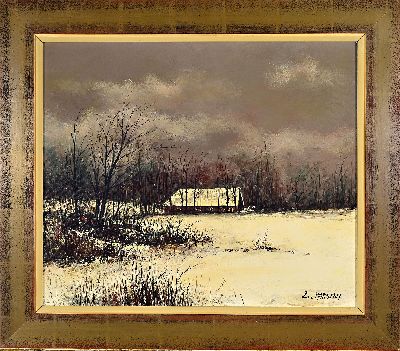 27112212k - Luciana Parsini, geb. 1939, italienische Künstlerin, Winterlandschaft mit Hof, im ...