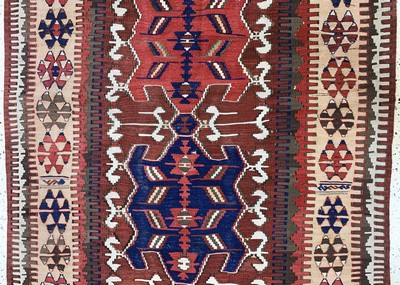 27112247c - Antiker Kelim, Kaukasus, 19.Jhd, Wolle auf Wolle, ca. 420 x 135 cm, EHZ: 2, (kleine ...