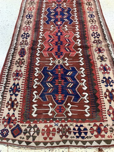 27112247g - Antiker Kelim, Kaukasus, 19.Jhd, Wolle auf Wolle, ca. 420 x 135 cm, EHZ: 2, (kleine ...
