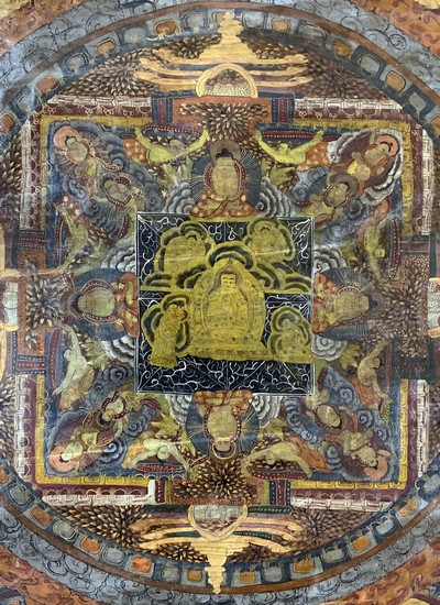 27112249c - Thangka alt, Tibet, Ende 20.Jhd, Papiermalerei, ca. 88 x 63 cm, EHZ: 1-2, (gerahmt) ...