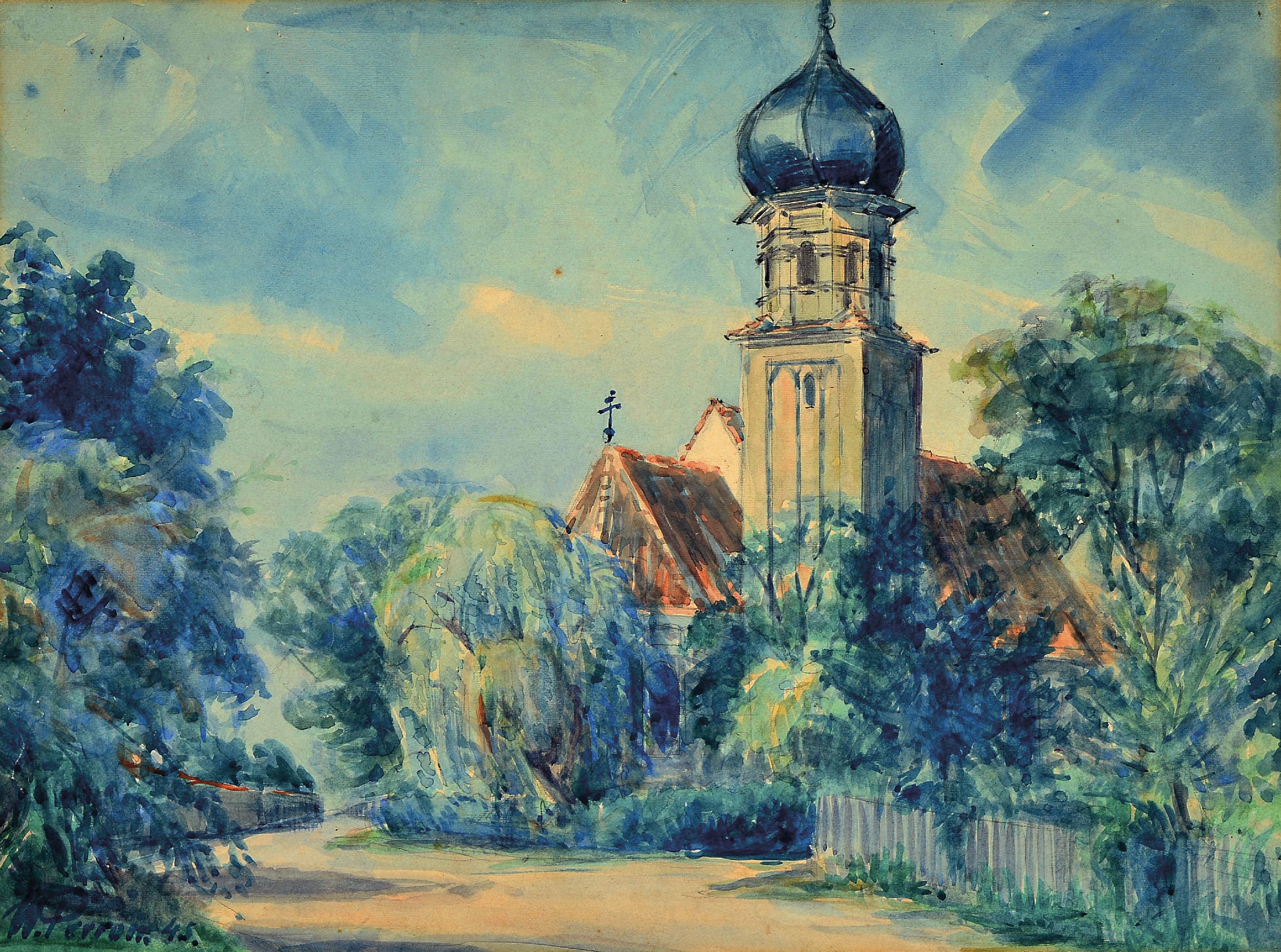 Image 27112532 - Walther Perron, 1895-1970 Frankenthal, Pfälzer Dorfkirche, Aquarell auf Papier, auf ...