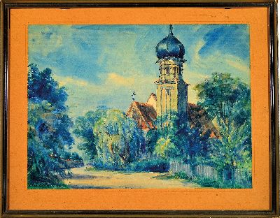 27112532k - Walther Perron, 1895-1970 Frankenthal, Pfälzer Dorfkirche, Aquarell auf Papier, auf ...