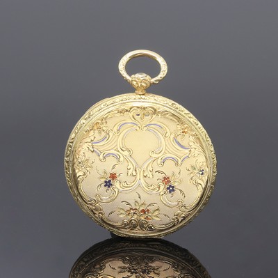 27113157a - 18k yellow gold open face pocket watch, Switzerland around 1880, floral engraved case, ...