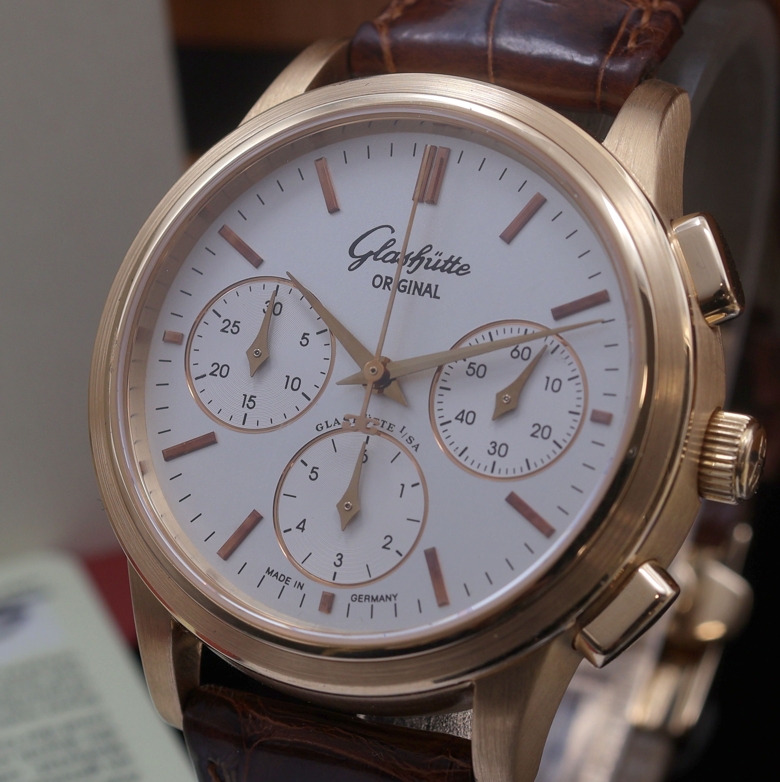 Detail a: GLASHÜTTE ORIGINAL Senator Armbandchronograph in RoseG 750/000 Referenz 39-31-12-12-04, Deutschland verk. lt. beil. Pap. 01/2006, Automatik, beids. ...