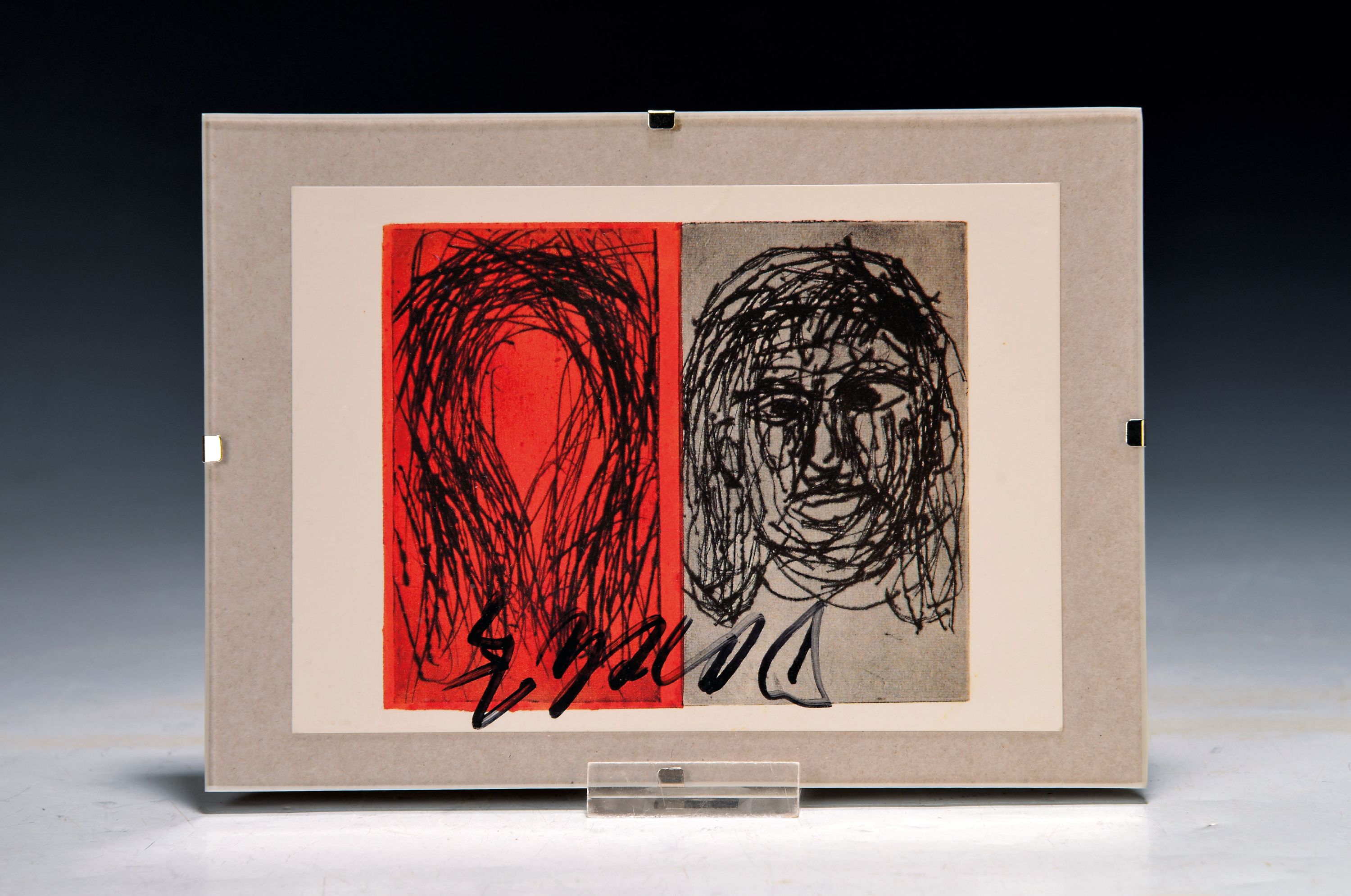 Image 27114773 - Georg Baselitz, 1938-2023, Kunstpostkarte ´Face and Teardrop´ mit Gefälligkeitssignatur ...