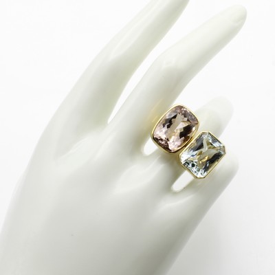 27114771a - Ring mit Farbsteinen, GG 585/000, Aquam. ca. 8.2 ct, Morganit ca. 10.6 ct, RW ca. 61 ...