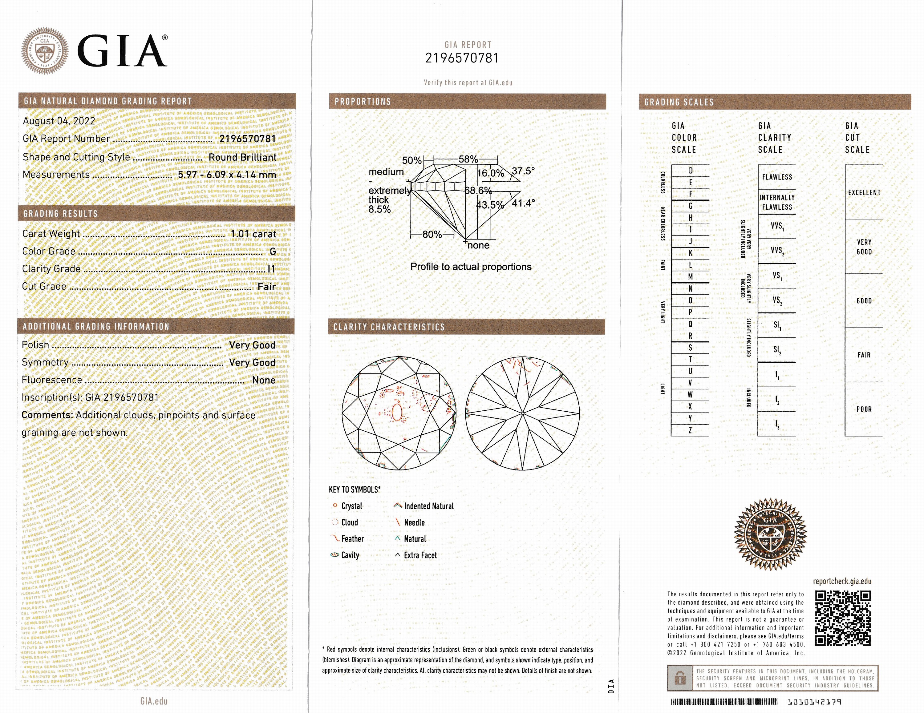 Detail a: Loser Brillant 1.01 ct feines Weiß/p1, Politur und Symmetrie sehr gut, GIA Expertise anbei
