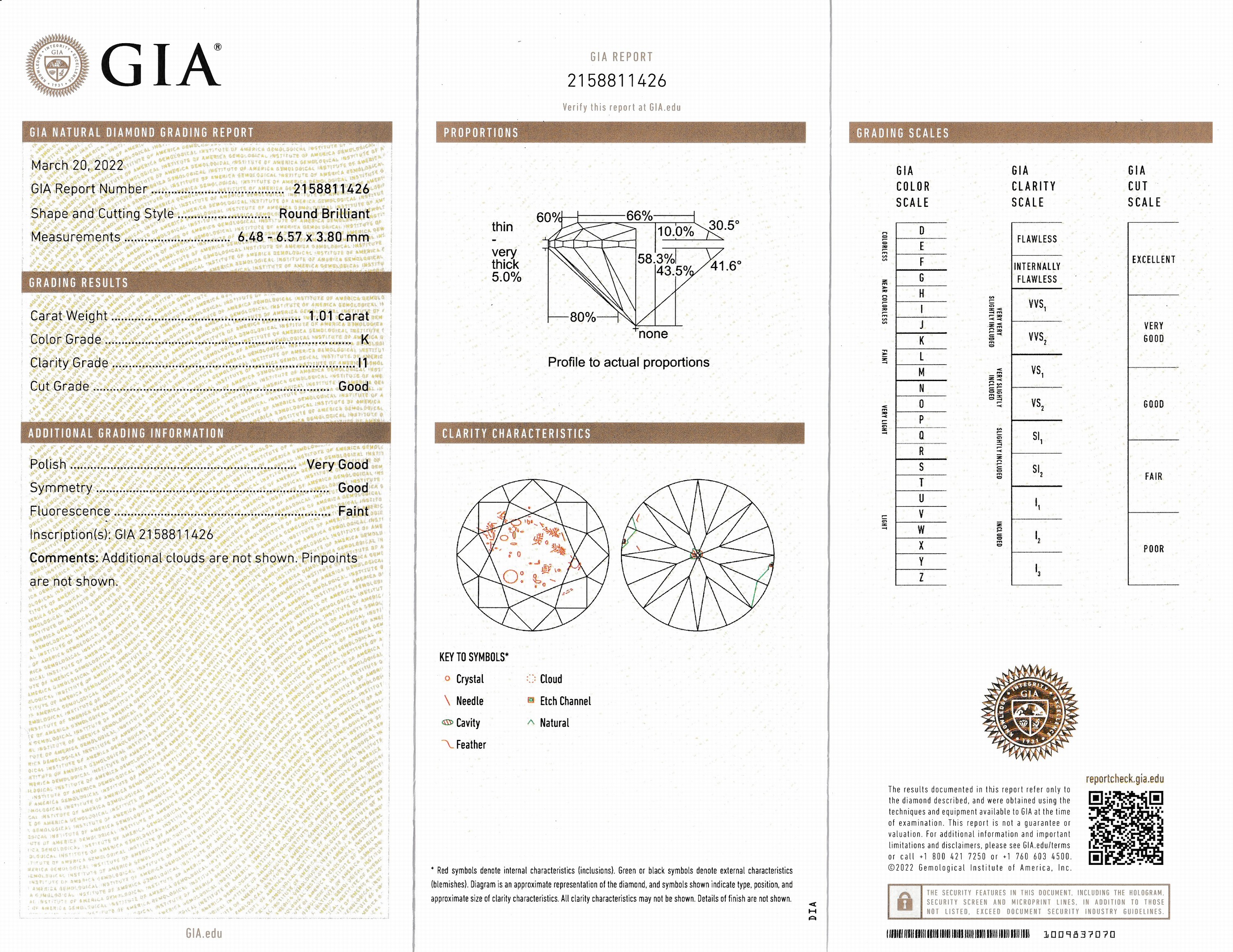 Detail a: Loser Brillant 1.01 ct get.Weiß(K)/p1, Politur sehr gut, Symmetrie gut, GIA Expertiseanbei