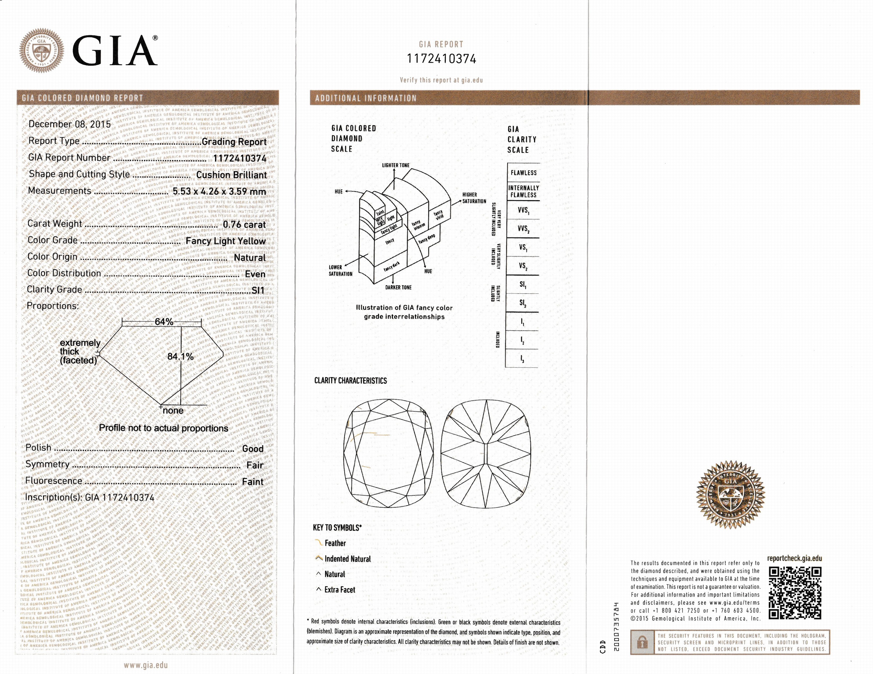Detail c: Loser Diamant 0.76 ct Natural Fancy Yellow/si,im Kissenschliff, Politur gut, GIA Expertise anbei