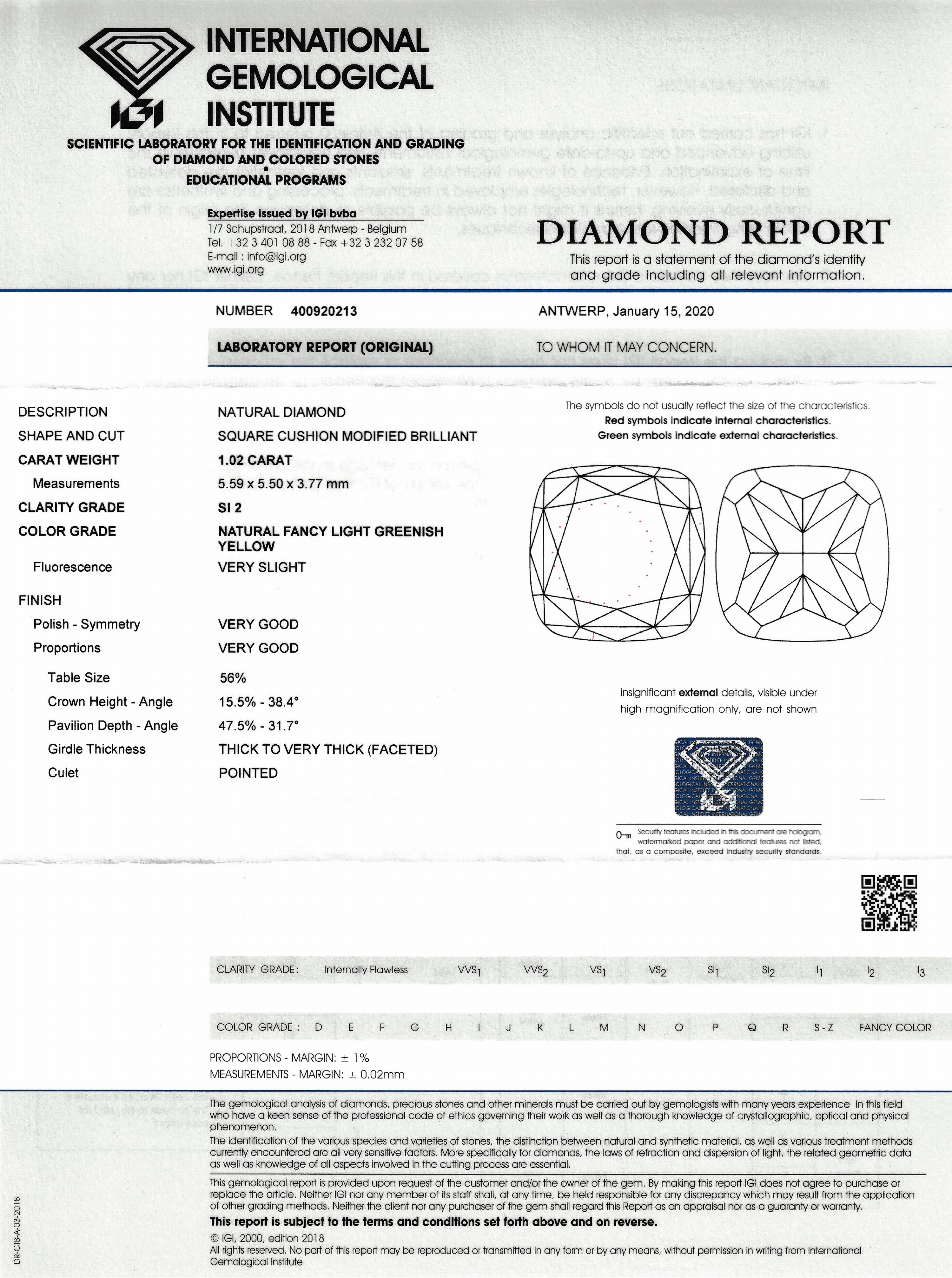 Detail a: Loser Diamant 1.02 ct Natural Fancy Light Greenish Yellow/si2, viereckig Kissenschliff, Politur und Symmetrie sehr gut, IGI Expertise anbei