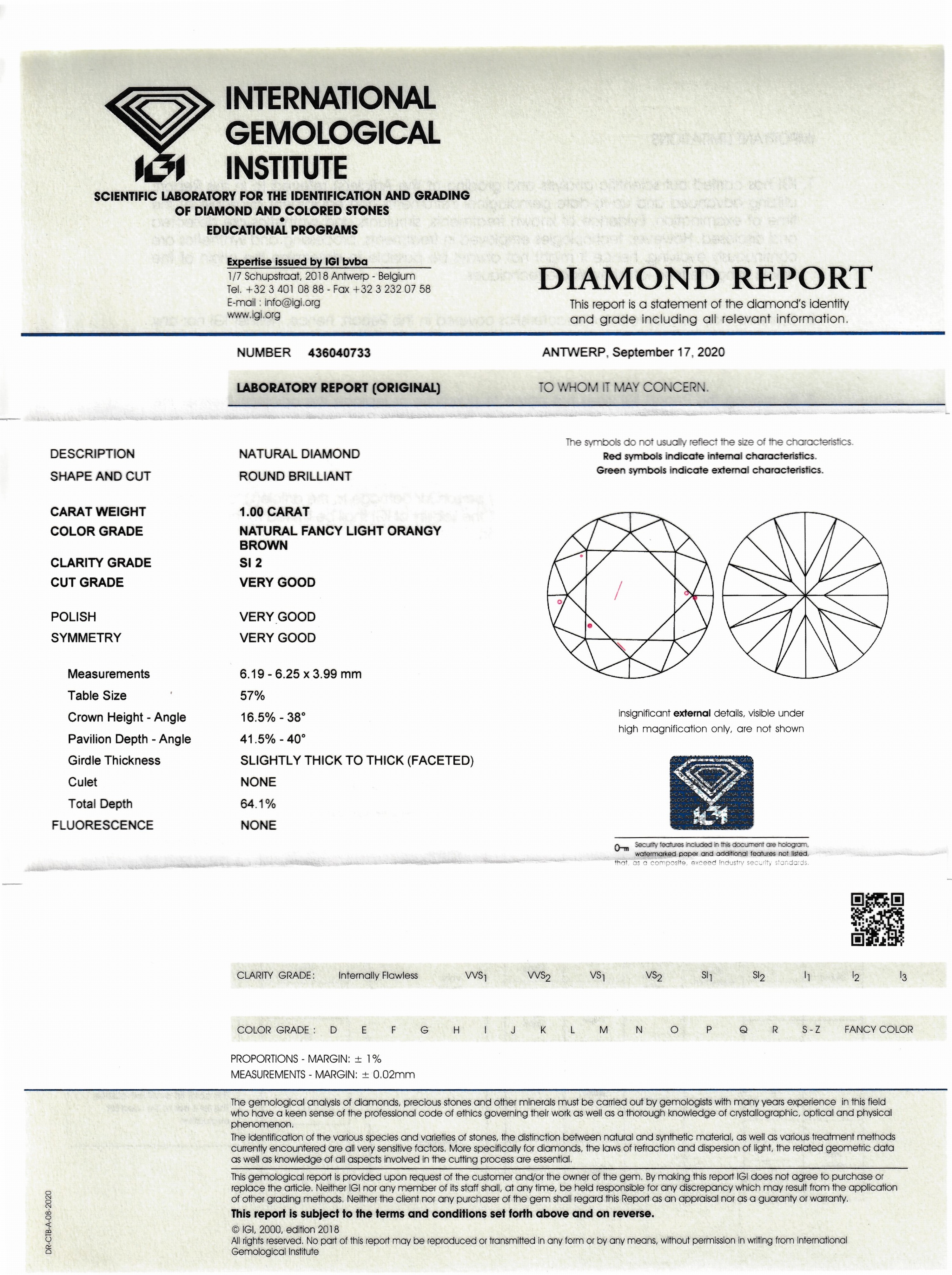 Detail a: Loser Brillant 1.00 ct Natural Fancy Light Orangy Brown/si2, Politur und Symmetrie sehr gut, IGI Expertise anbei
