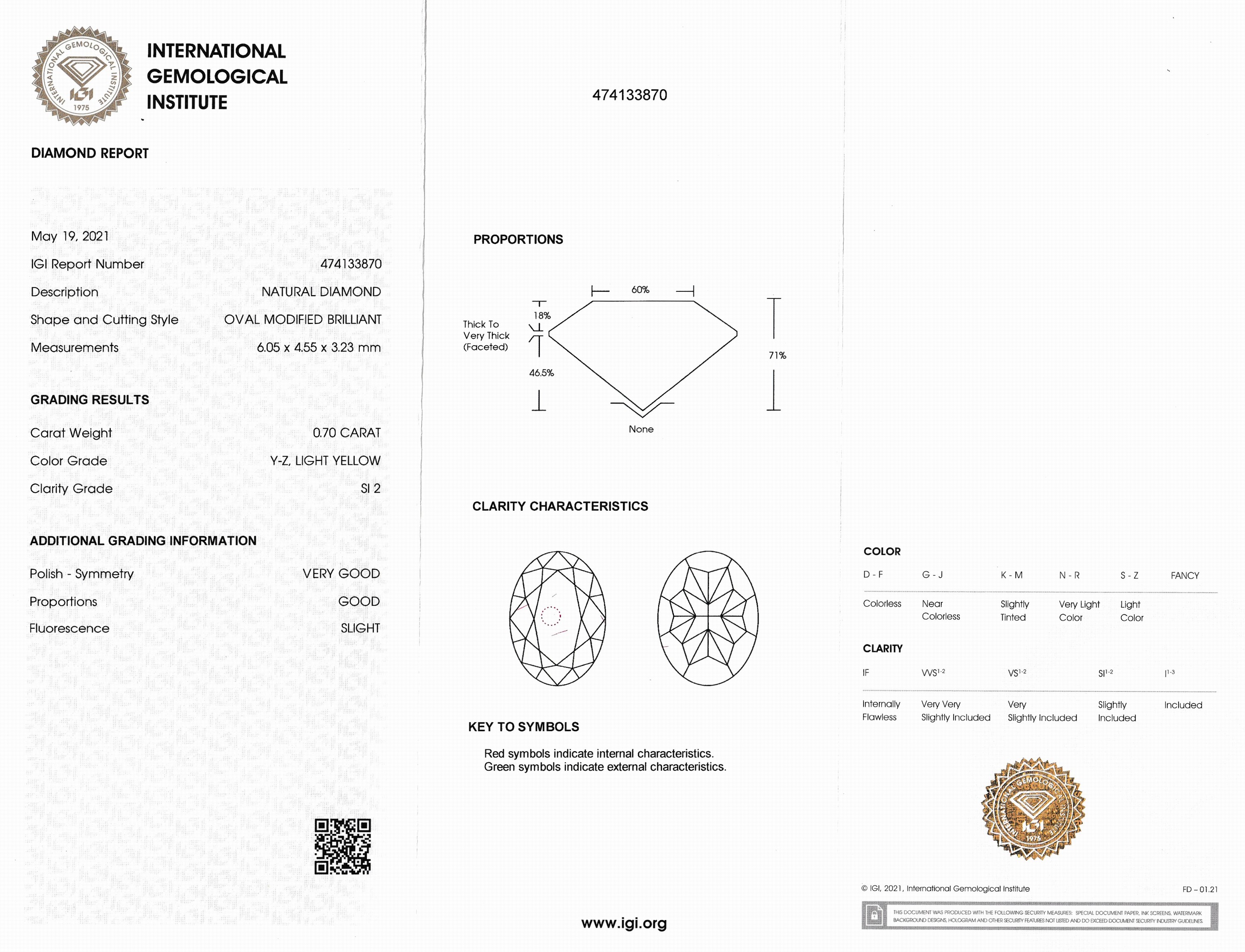 Detail a: Loser Diamant 0.70 ct light Yellow(Y-Z)/si2, oval, Politur und Symmetrie sehr gut, IGI Expertise anbei