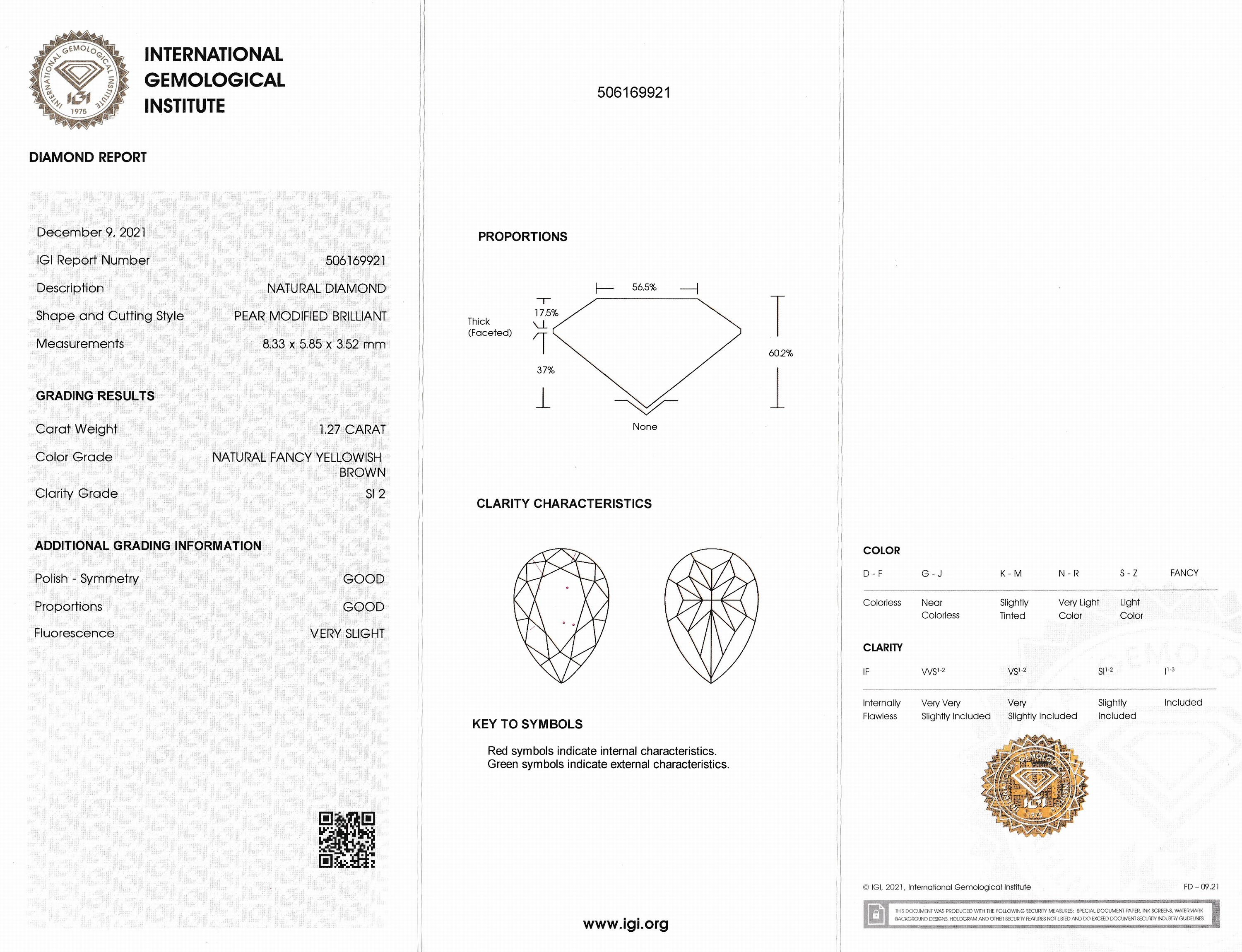 Detail a: Loser Diamant 1.27 ct Natural Fancy Yellowish Brown/si2, Tropfen, Politur und Symmetrie gut,IGI Expertise anbei
