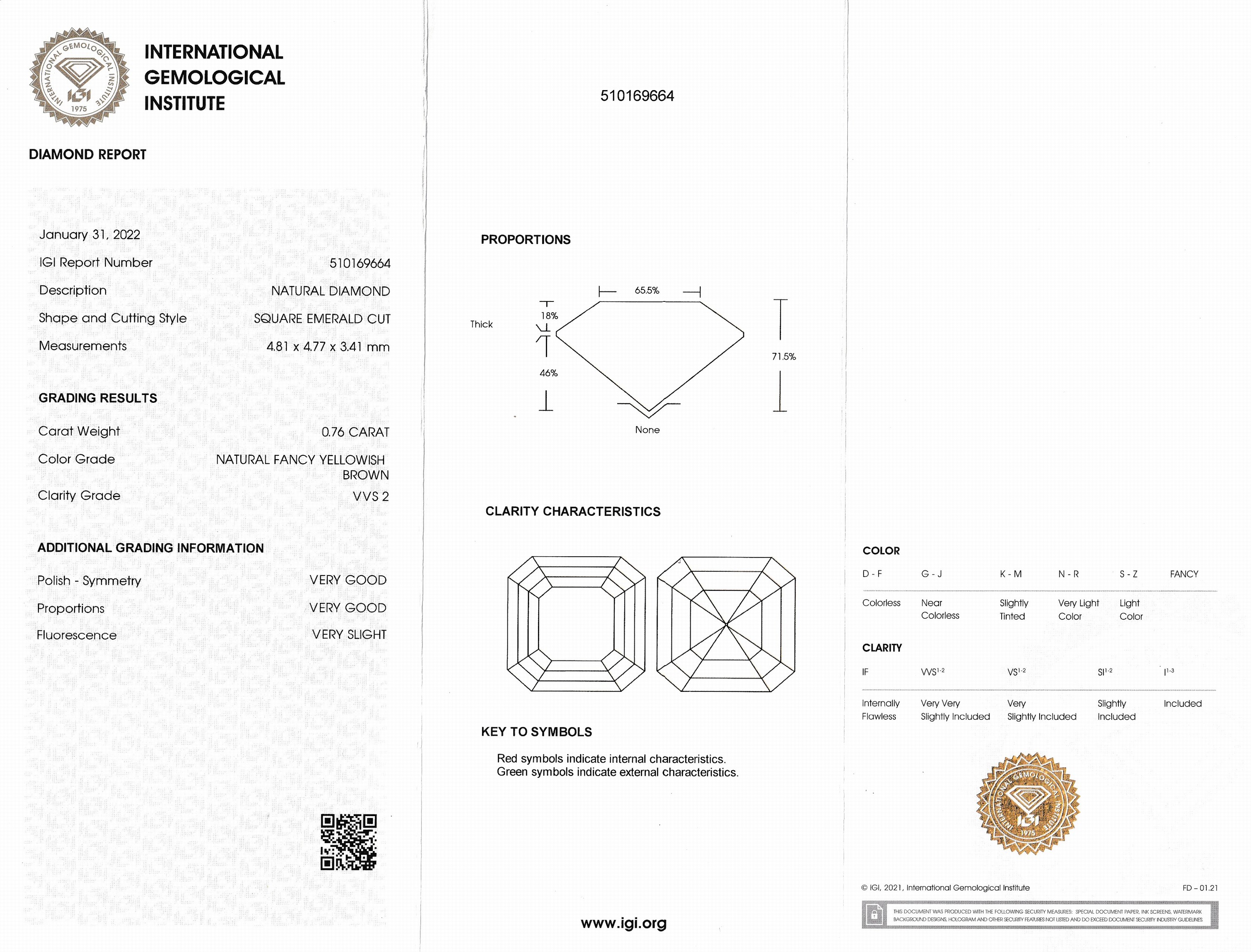 Detail a: Loser Diamant 0.76 ct Natural Fancy Yellowish Brown/vvs2, viereckiger Emerald Schliff, Politur und Symmetrie sehr gut, IGI Expertise anbei