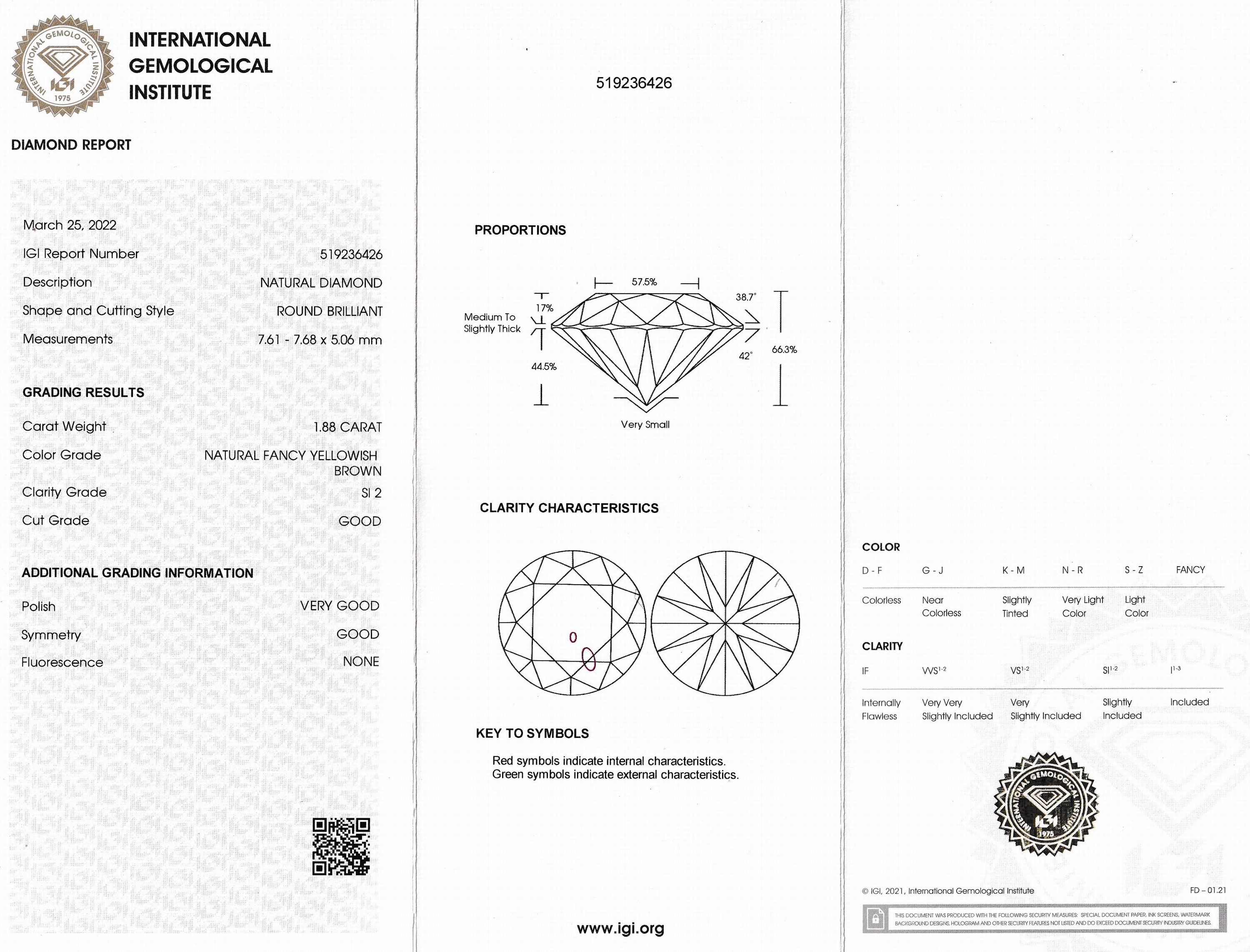 Detail a: Loser Brillant 1.88 ct Natural Fancy YellowishBrown/si2, Politur sehr gut, Symmetrie gut, IGI Expertise anbei