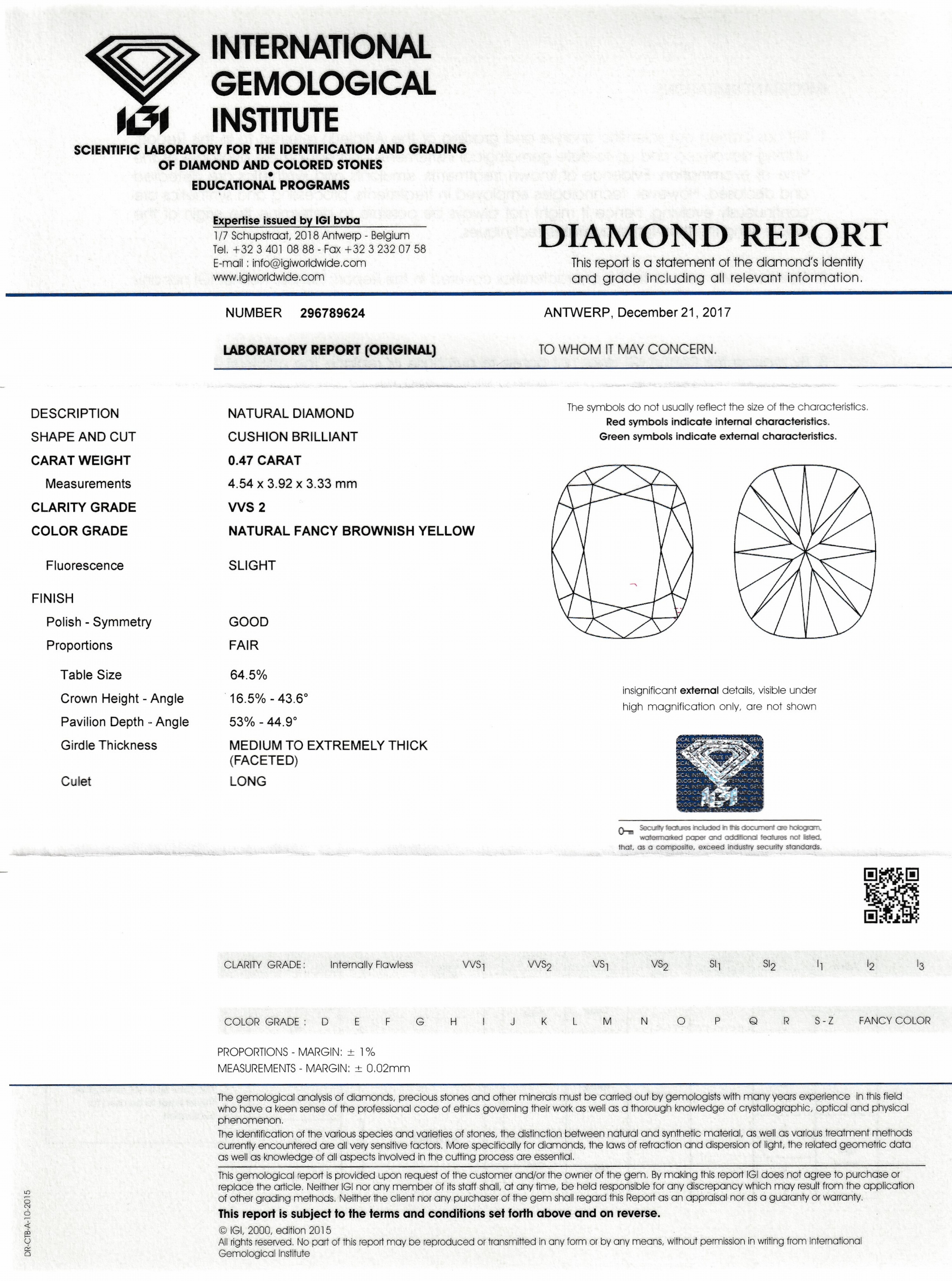Detail a: Loser Diamant 0.47 ct Natural Fancy Brownish Yellow/vvs2, im Kissenschliff, Politur gut, IGI Expertise anbei