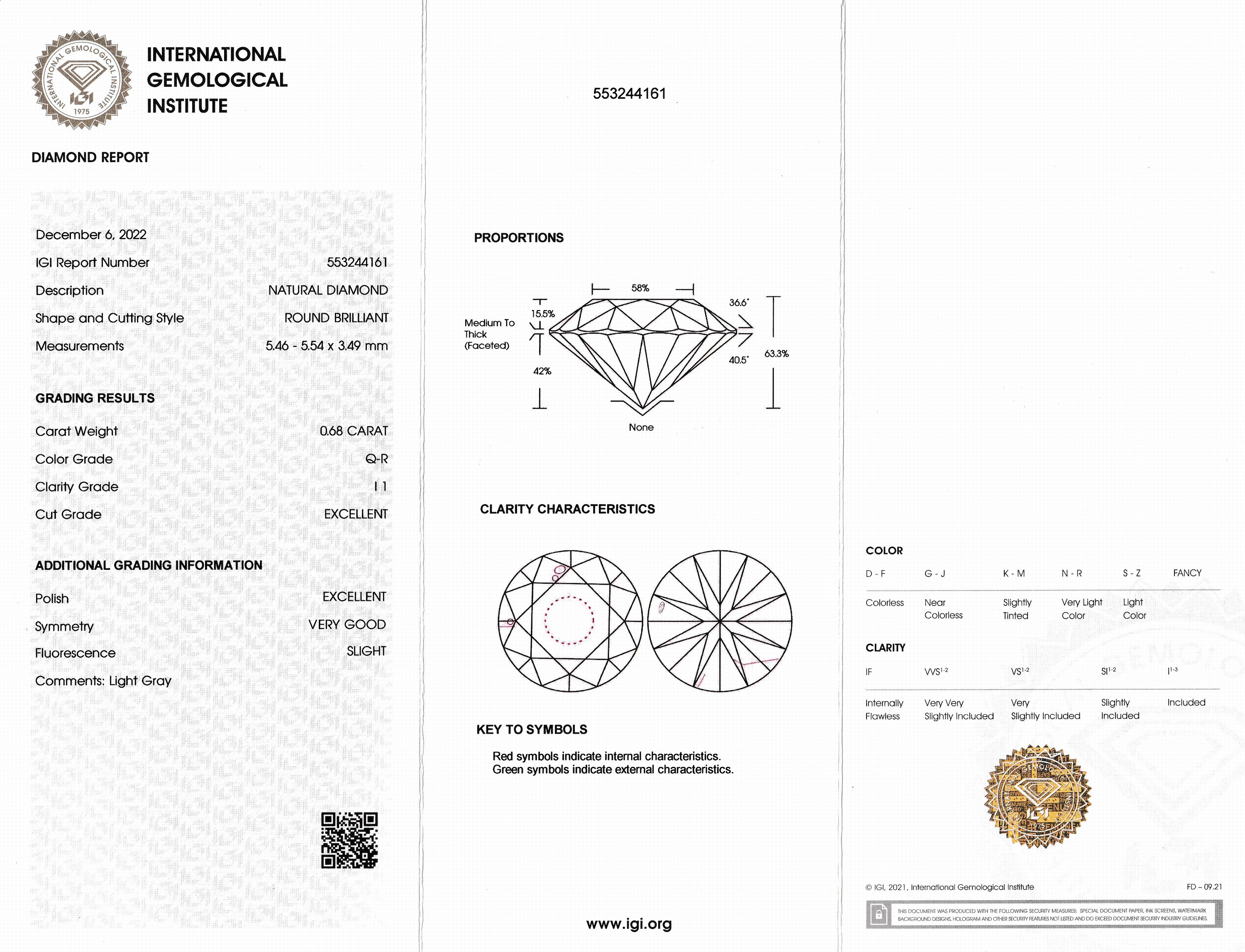 Detail a: Loser Brillant 0.68 ct Light Grey(Q-R)/p1, Politur excellent, Symmetrie sehr gut, IGI Expertise anbei