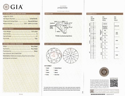 27115159a - Loser Brillant 1.01 ct feines Weiß/p1, Politur und Symmetrie sehr gut, GIA Expertise ...