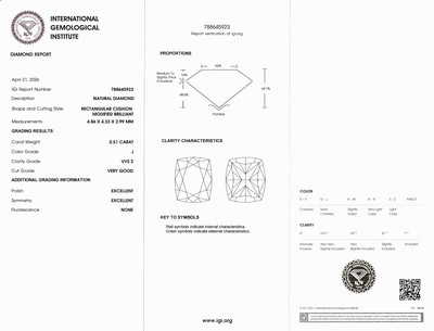 27115161a - Loser Diamant 0.51 ct l.get.Weiß(J)/vvs2, Rechteckig im Kissenschliff, Politur und ...
