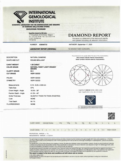 27115165a - Loser Brillant 1.00 ct Natural Fancy Light Orangy Brown/si2, Politur und Symmetrie sehr ...