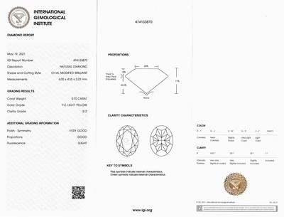 27115166a - Loser Diamant 0.70 ct light Yellow(Y-Z)/si2, oval, Politur und Symmetrie sehr gut, IGI ...