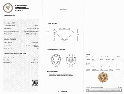 27115167a - Loser Diamant 1.27 ct Natural Fancy Yellowish Brown/si2, Tropfen, Politur und Symmetrie ...