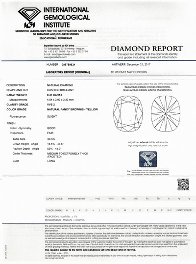 27115173a - Loser Diamant 0.47 ct Natural Fancy Brownish Yellow/vvs2, im Kissenschliff, Politur gut, ...