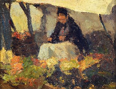 Image Hendrik Frauenfelder, 1885 Vught-1922 Alkemade, Marktstand mit einer Frau, ihr Gemüse ...
