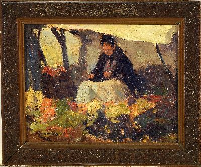 27115375k - Hendrik Frauenfelder, 1885 Vught-1922 Alkemade, Marktstand mit einer Frau, ihr Gemüse ...