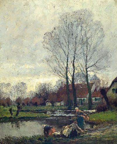Image Arthur Bell, 1876-1966 Düsseldorf, Frauen beim Waschen am Teich vor dem Dorf, ...
