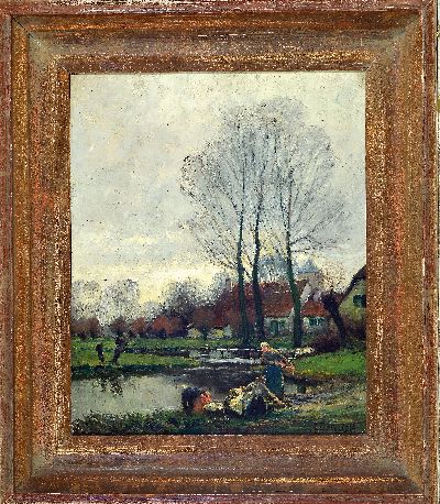 27115389k - Arthur Bell, 1876-1966 Düsseldorf, Frauen beim Waschen am Teich vor dem Dorf, ...