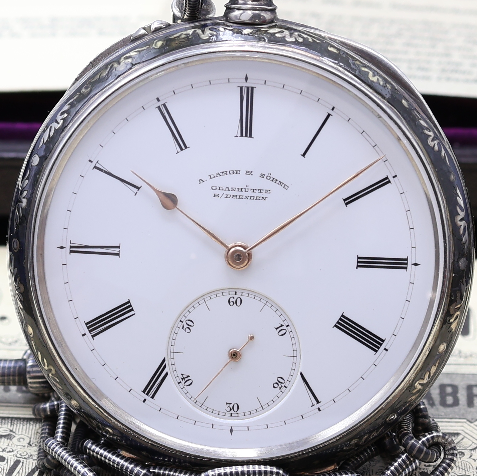 Detail a: A. LANGE & SÖHNE Dresden sehr seltene, offene, silberne Tula-Taschenuhr in 1A Qualität Werk- und Gehäuse-Nr. 26265, verkauft im Oktober 1887 an ...