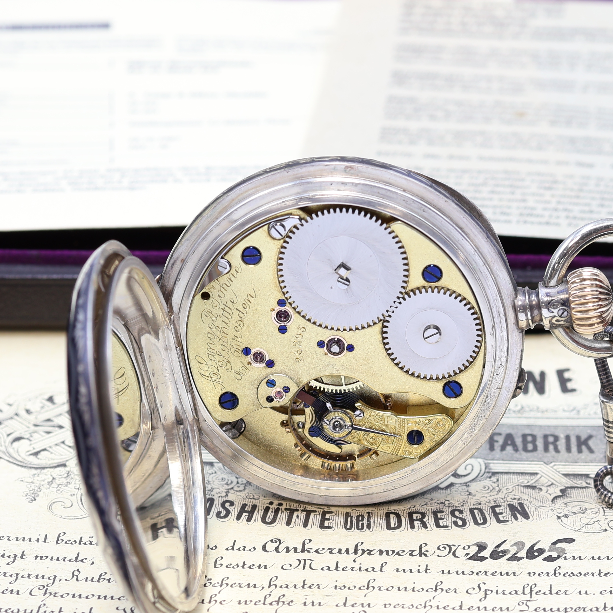 Detail f: A. LANGE & SÖHNE Dresden sehr seltene, offene, silberne Tula-Taschenuhr in 1A Qualität Werk- und Gehäuse-Nr. 26265, verkauft im Oktober 1887 an ...