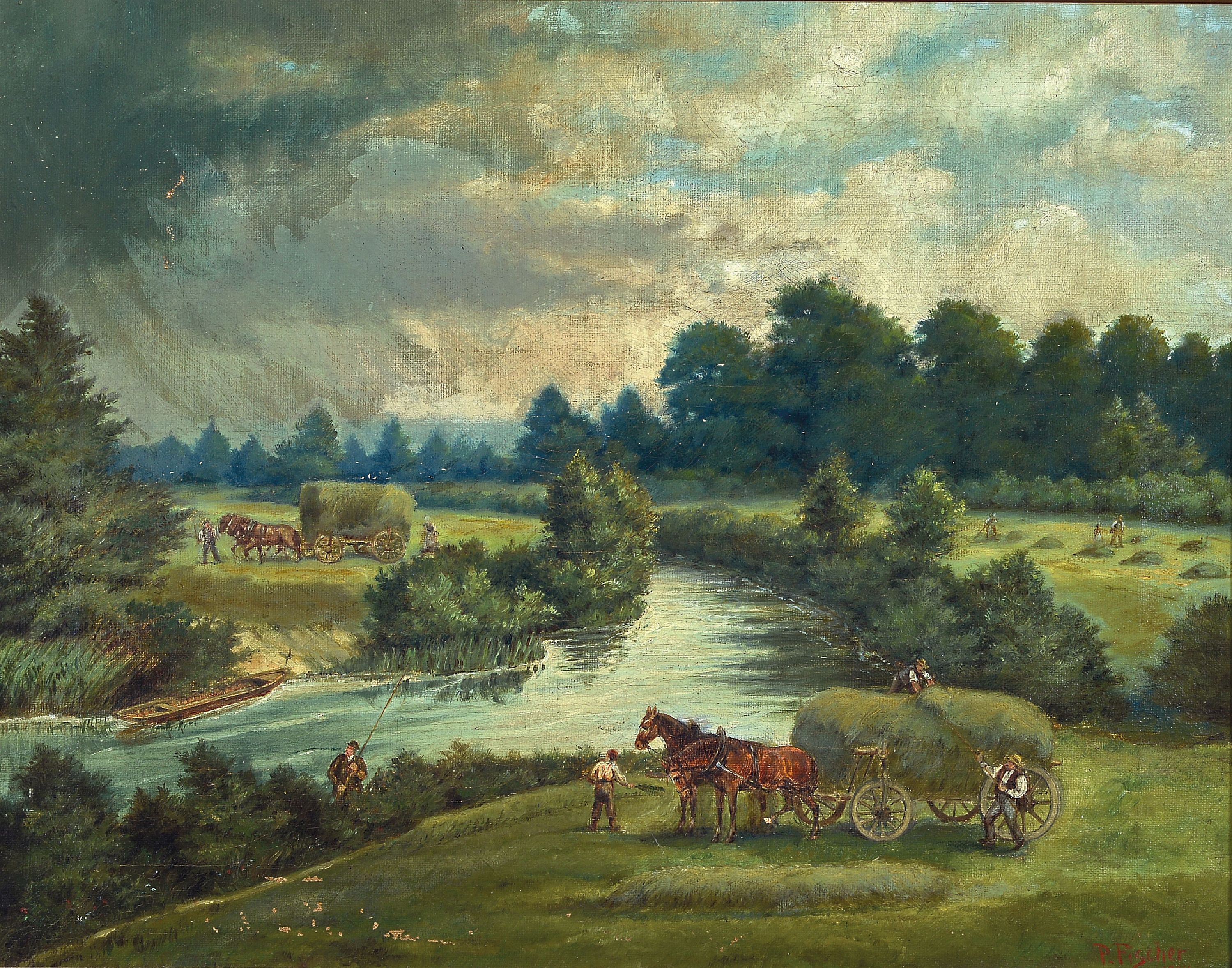 Image 27115566 - Paula Fischer, 1878 Breslau-nach 1955 Berlin, Heuernte am Flussufer, Öl/Lwd, rechts ...