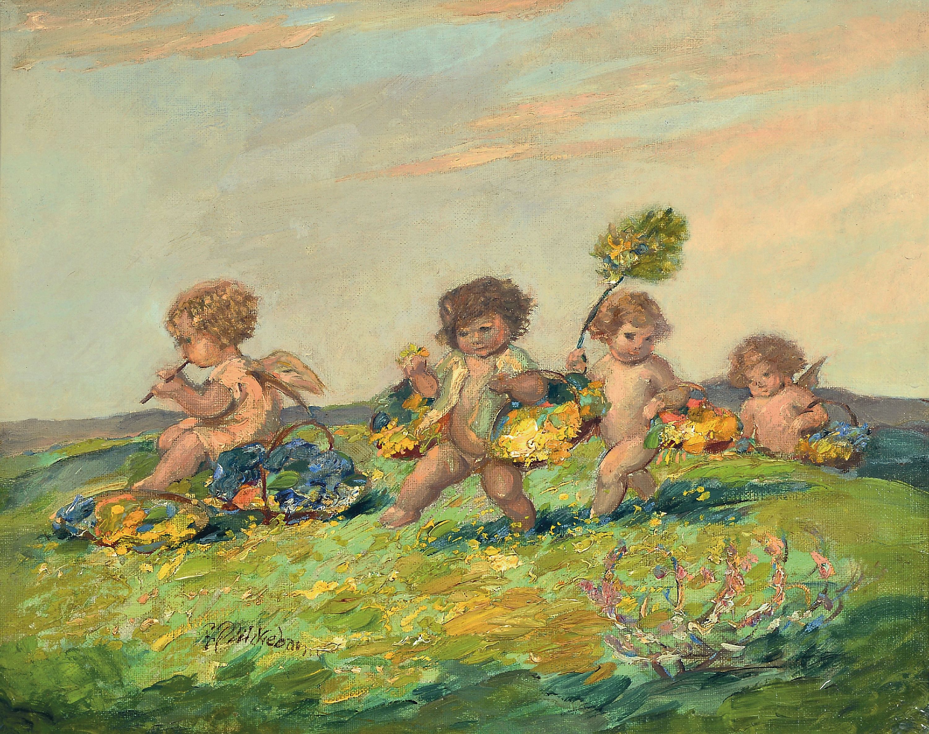 Image 27115677 - Carl Plückebaum, 1880-1952 Düsseldorf, Puttenreigen, vier Putten mit Blumen auf einer ...